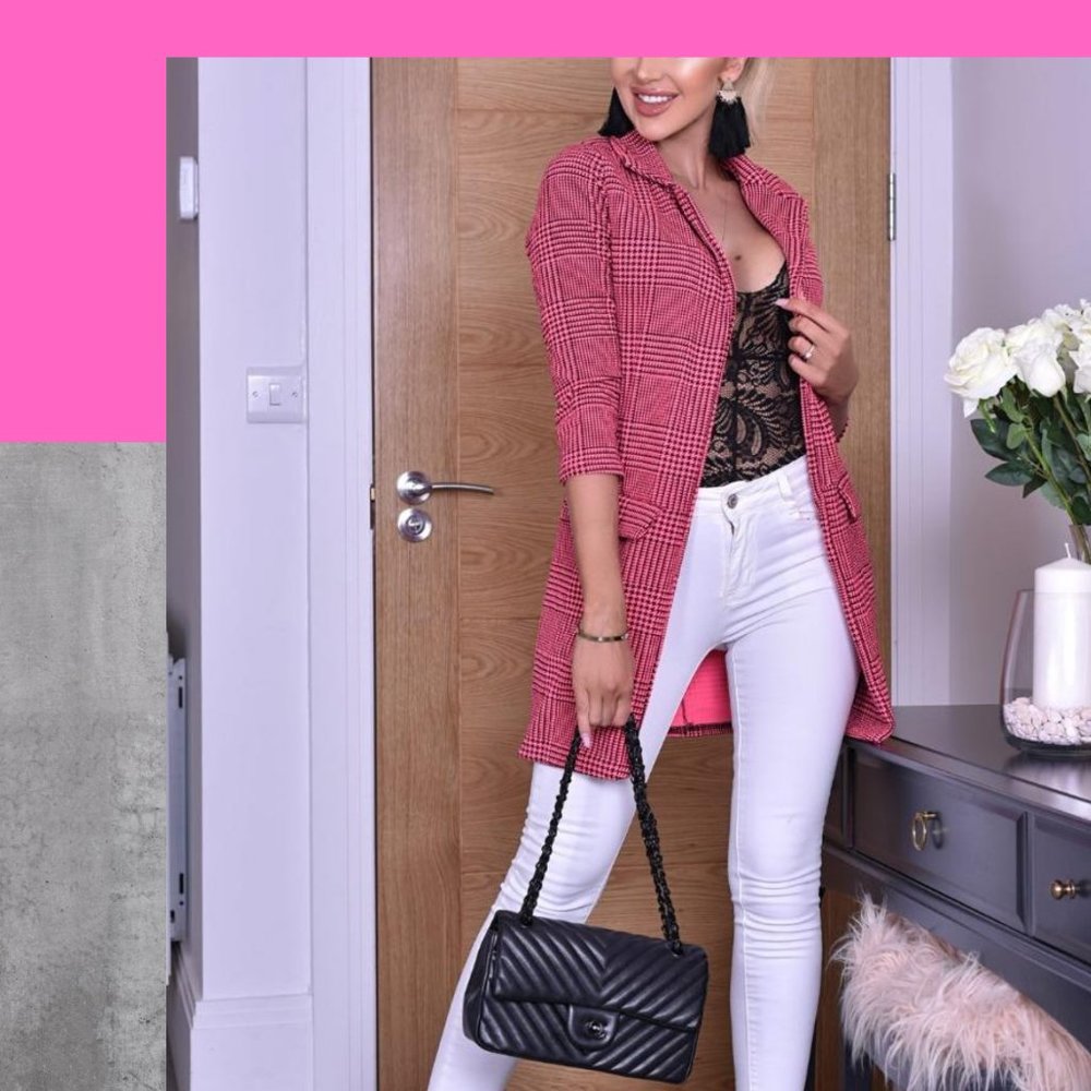 HP🎉Neon Pink Checkered Long-line Blazer